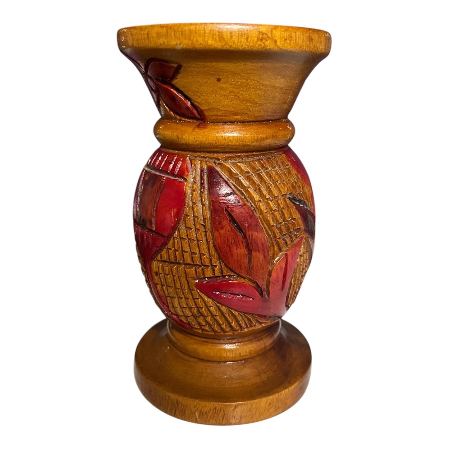 Hand-Carved Central American Wood Shallow Bud Vase – Red Floral Relief – Small Rustic Decor