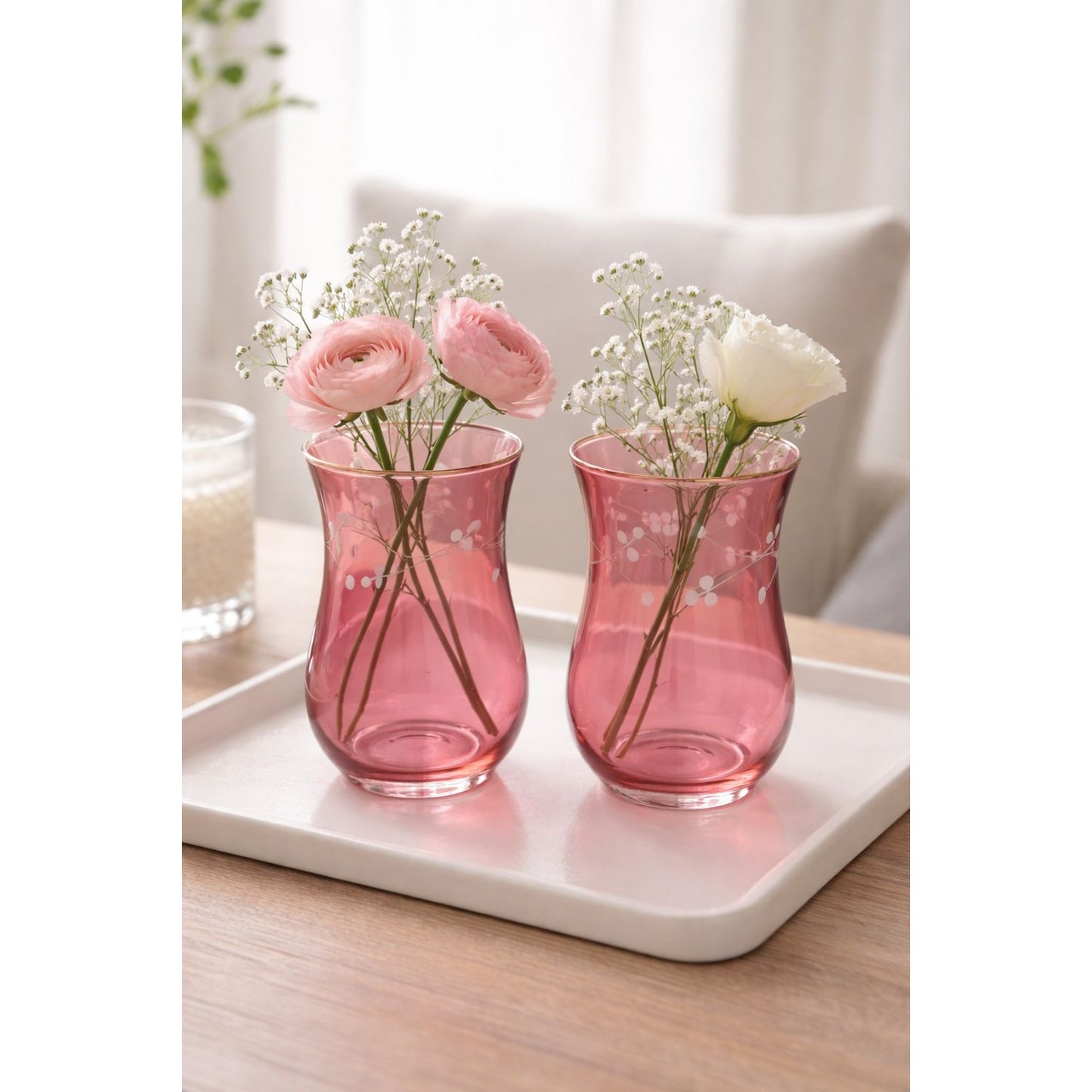 LSA International Pink Glass Vases Set of 2 Hand Painted Bud Vases Mid 2000s Modern Decor