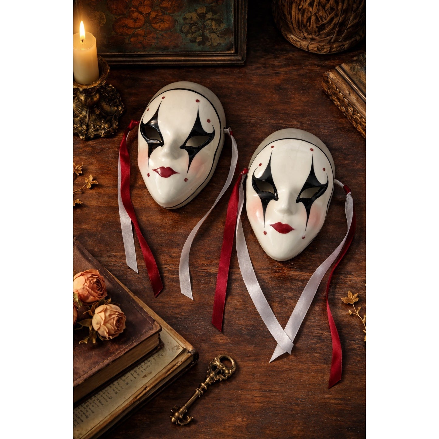 Vintage Pierrot Style Ceramic Wall Masks Pair Hand Painted c.1987 Harlequin Clown Masks