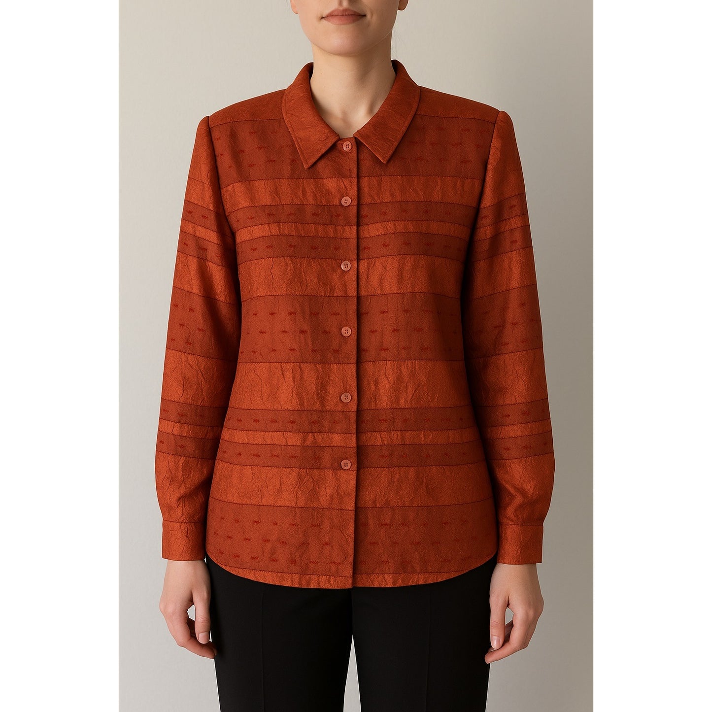 Alfred Dunner Women’s Size 12 Burnt Orange Sheer Textured Stripe Button-Front Blouse
