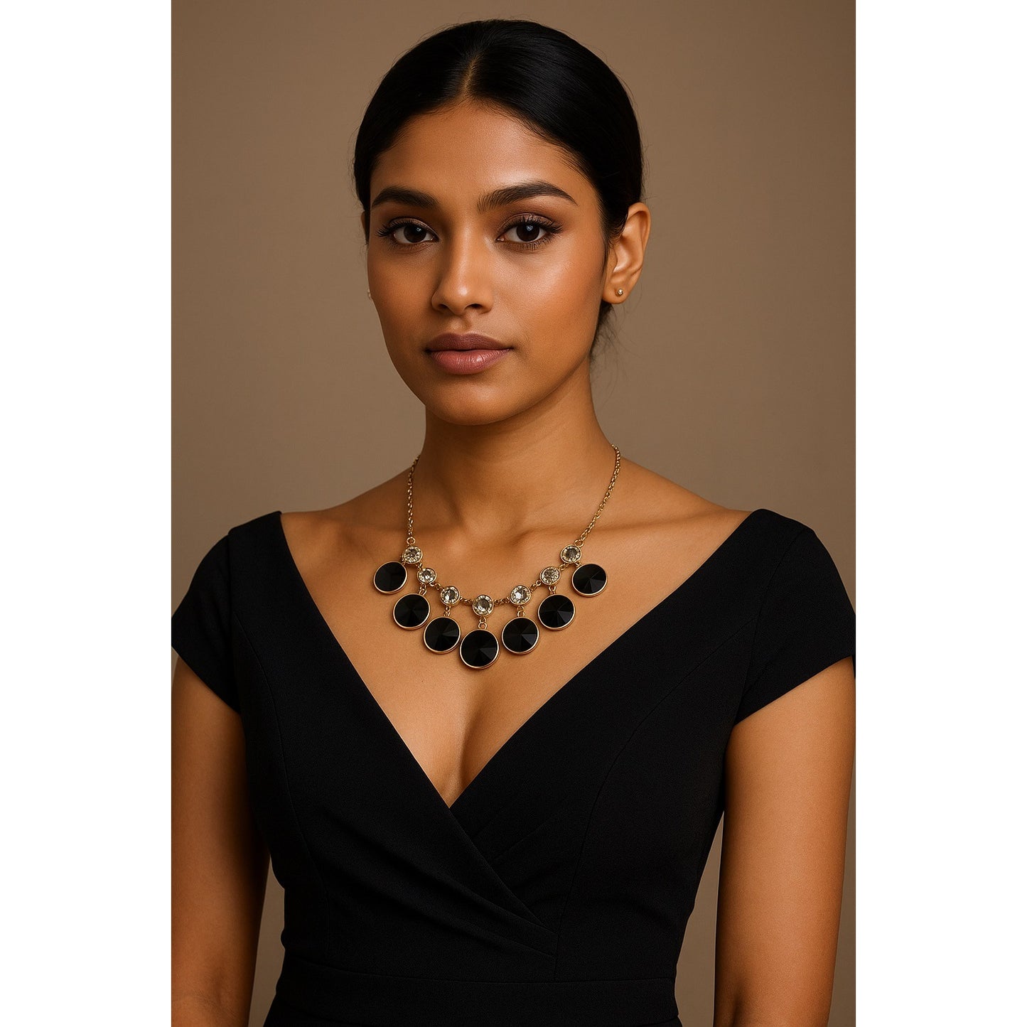 Charming Charlie Black & Gold Statement Necklace – Faceted Discs & Crystal Accents