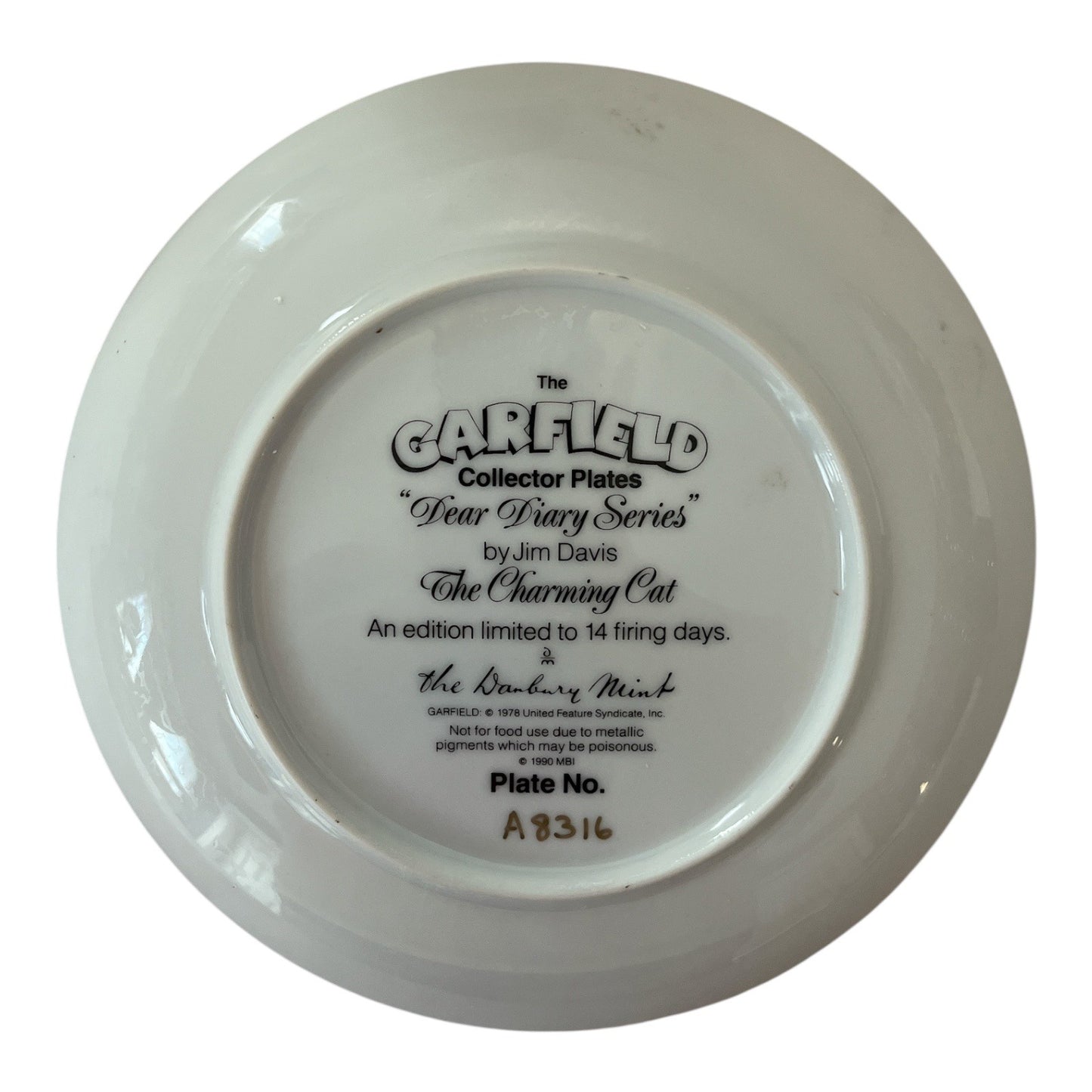 Garfield Collector Plate – “The Charming Cat” – Dear Diary Series by Jim Davis – Danbury Mint – Limited to 14 Firing Days