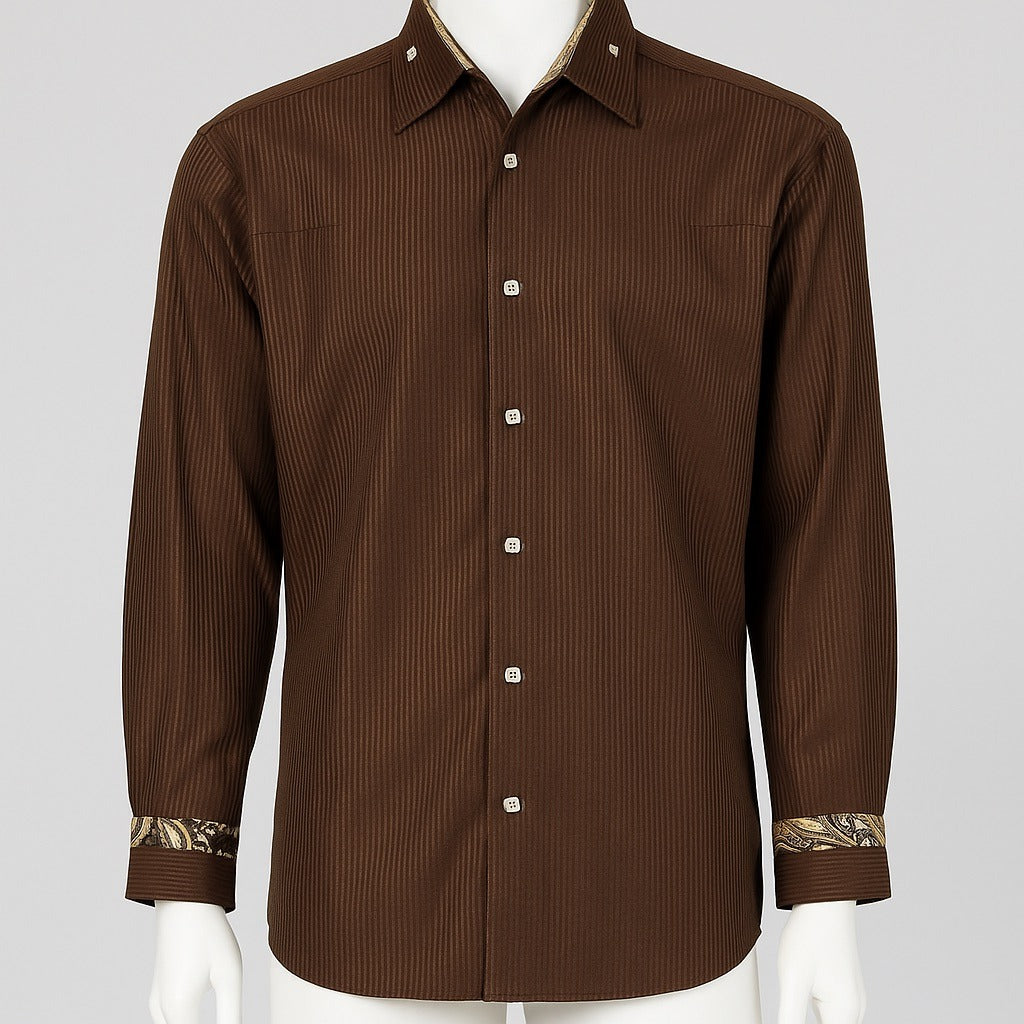 Vizioni Men’s XXXL Brown Textured Striped Dress Shirt – Paisley Trim – Square Buttons
