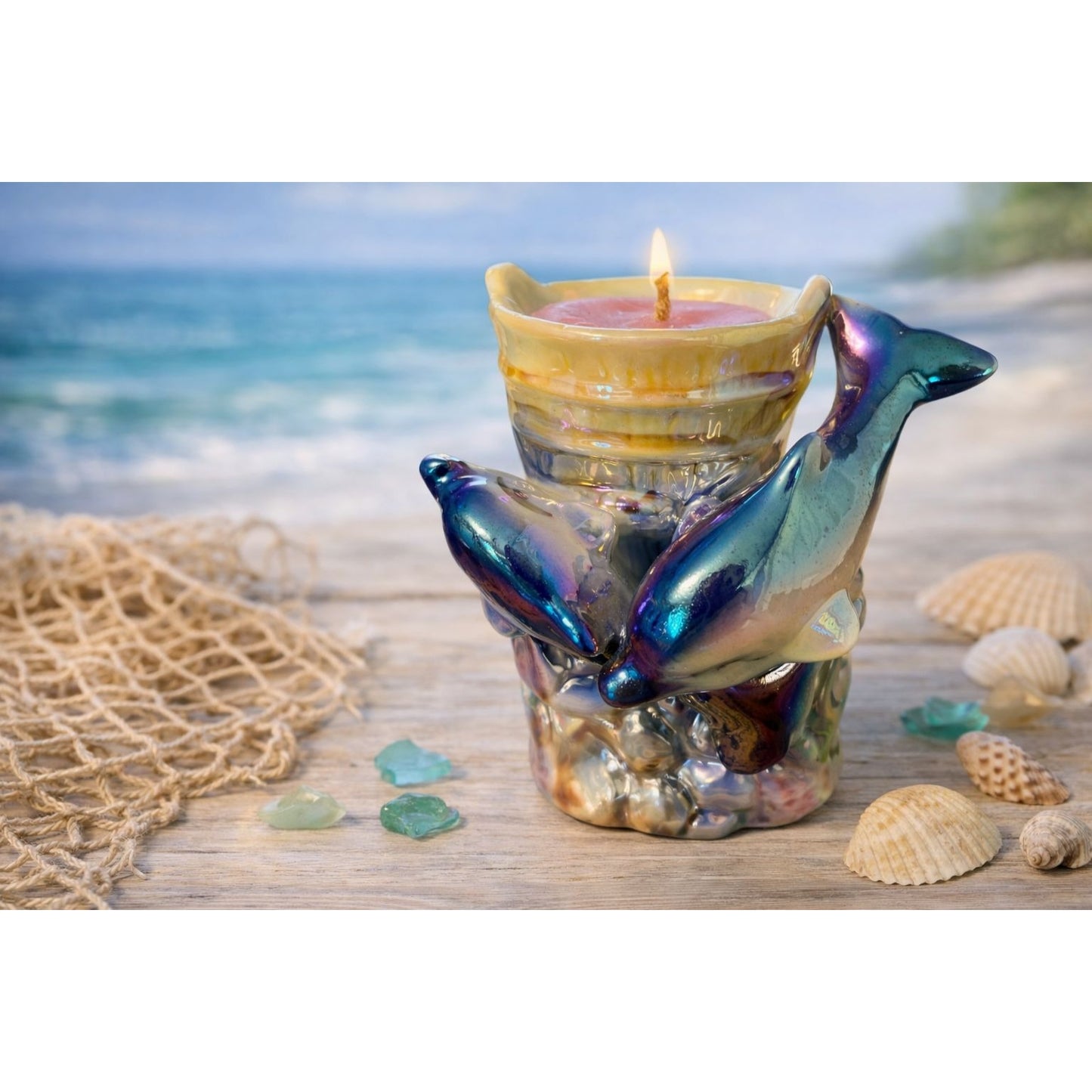 Iridescent Dolphin Candle Holder Ocean Theme Ceramic Tealight Holder