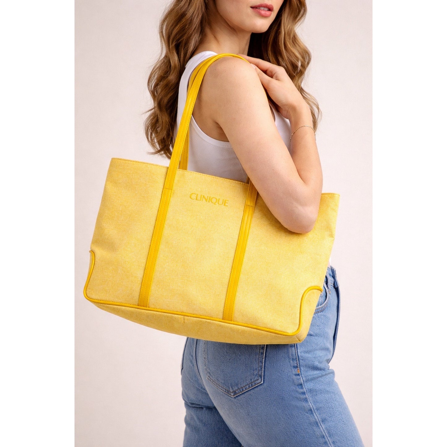 Clinique Yellow Canvas Tote Bag Faux Leather Trim Large Shopper