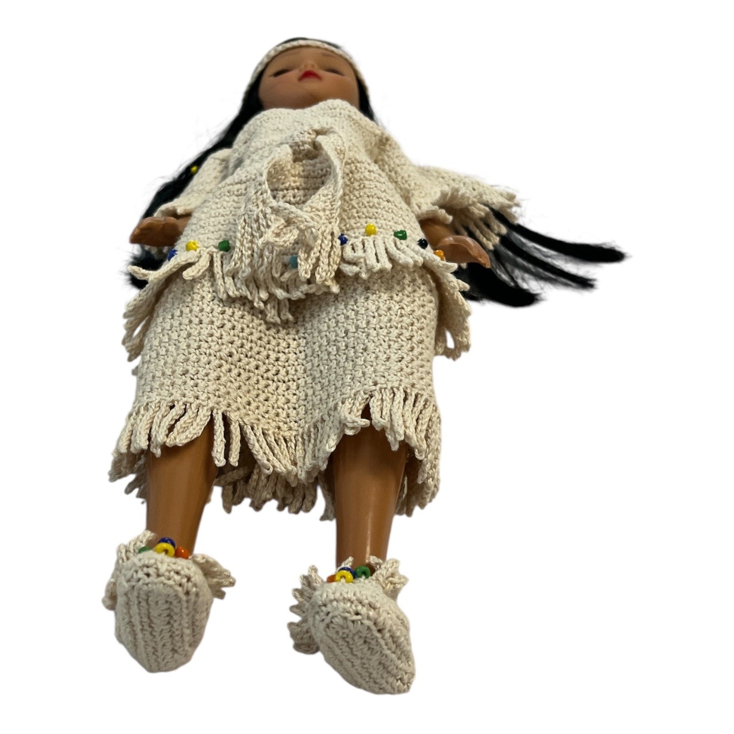 Handcrafted 14" Indigenous-Style Doll – Crochet Dress, Headband & Beads