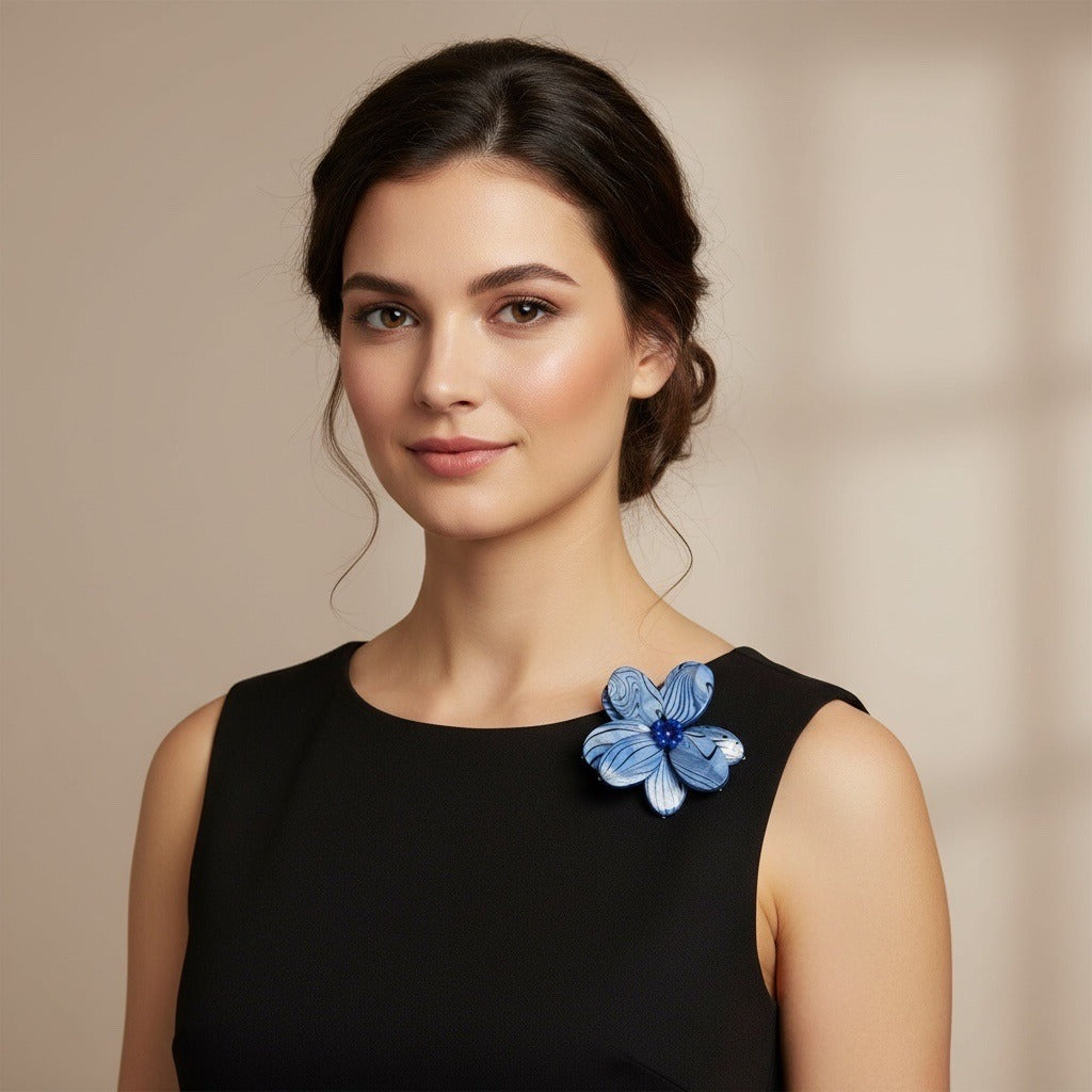 Vintage Y2K Blue Floral Iridescent Acrylic Brooch Wired Petal Flower Pin Statement Jewelry