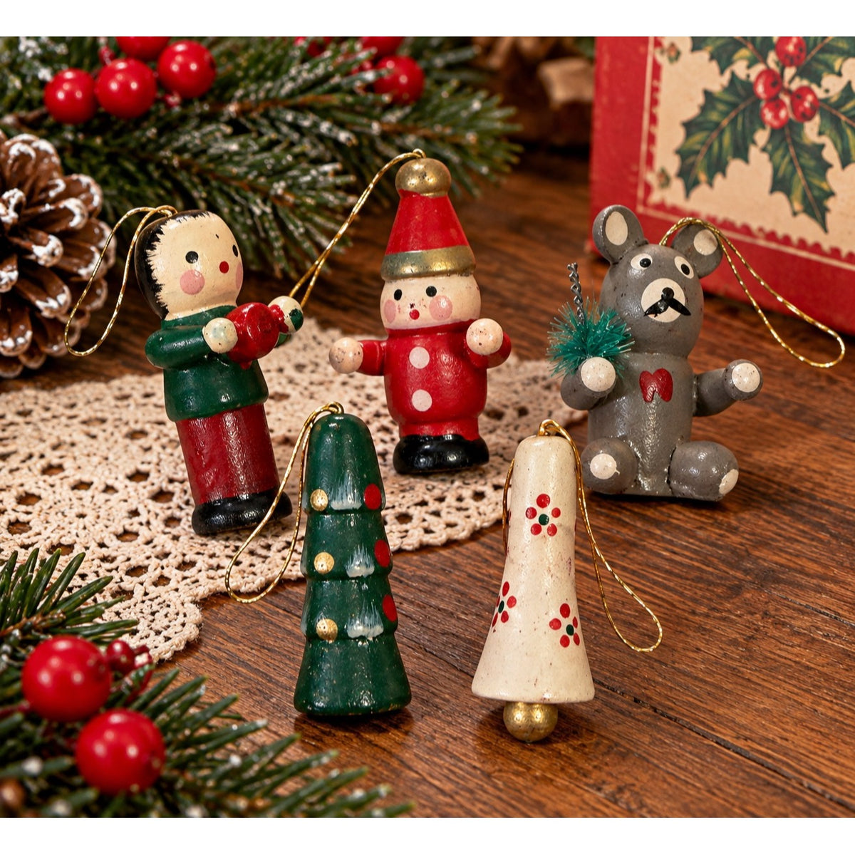 Vintage 1970s Miniature Hand Painted Wood Christmas Ornaments Lot of 5