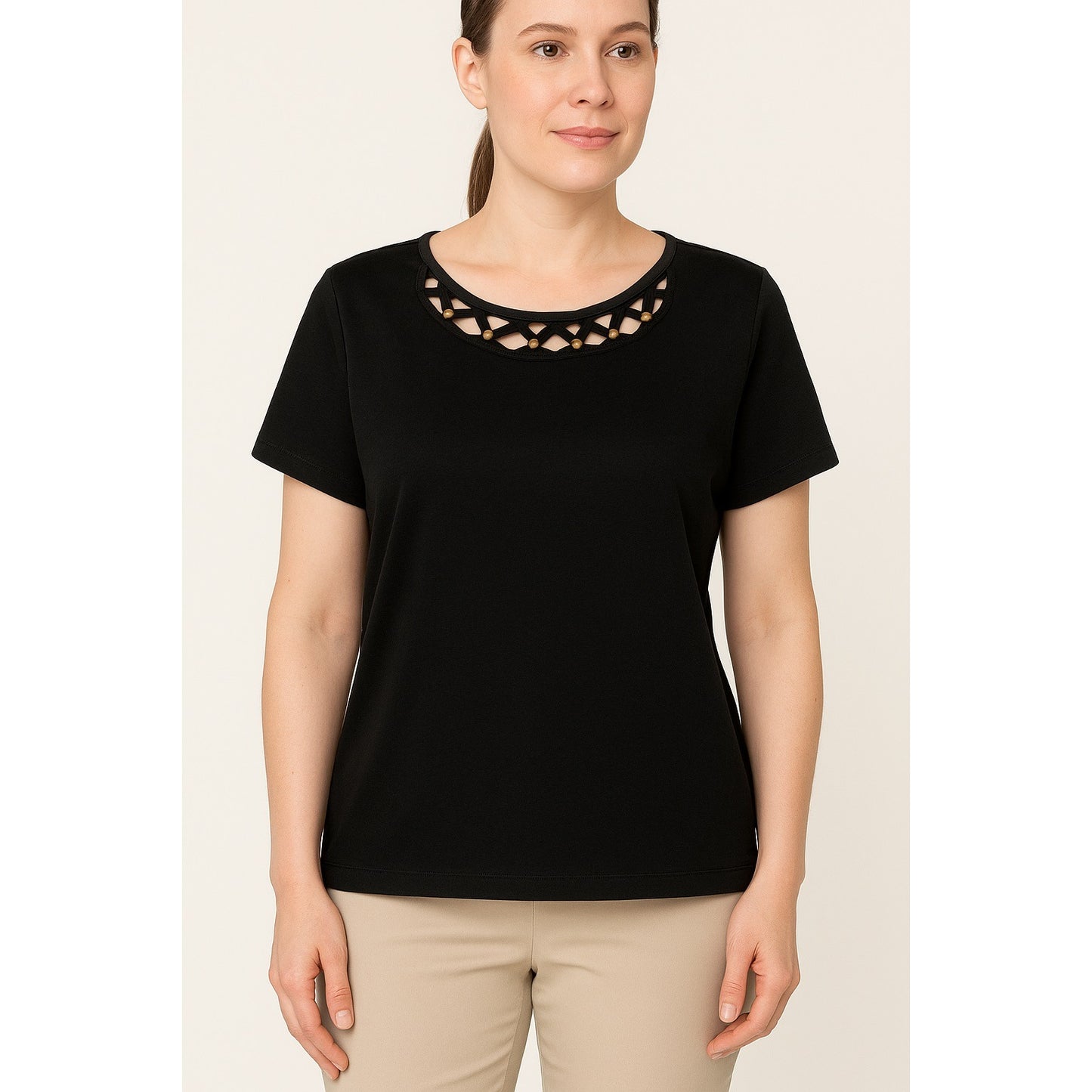 Alfred Dunner Petite XL Women’s Black Short Sleeve Top – Lattice Collar with Wooden Beads – Cotton Blend