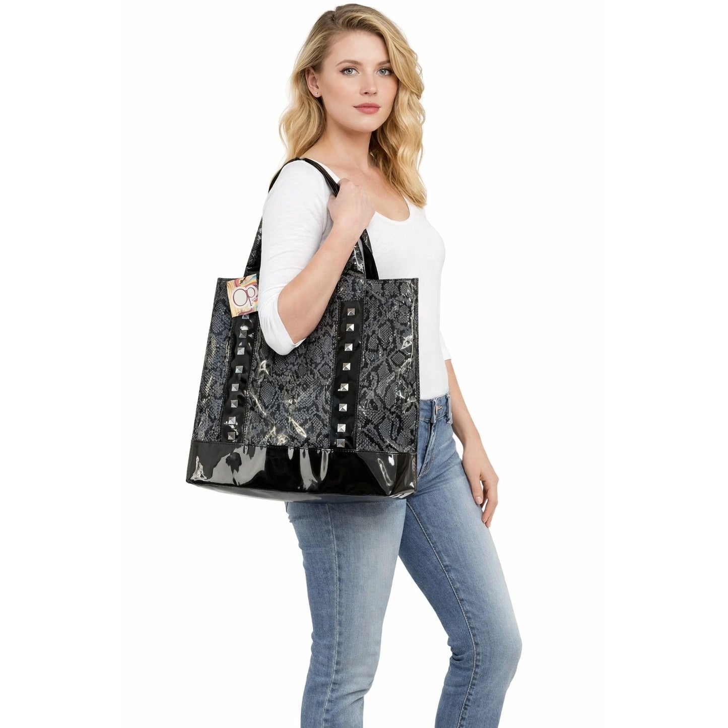 OP Black Snake Print Studded Tote Bag Patent Faux Leather Large Shoulder Handbag