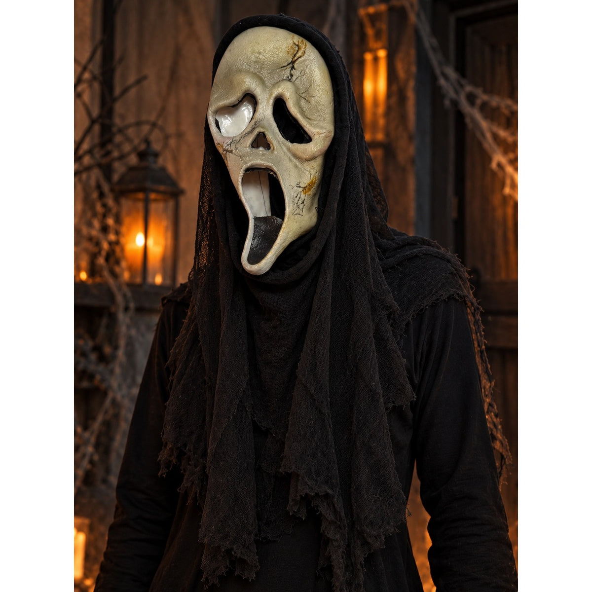 2011 Screaming Skull Halloween Mask Black Hood Grim Reaper Horror Costume 44 Inch