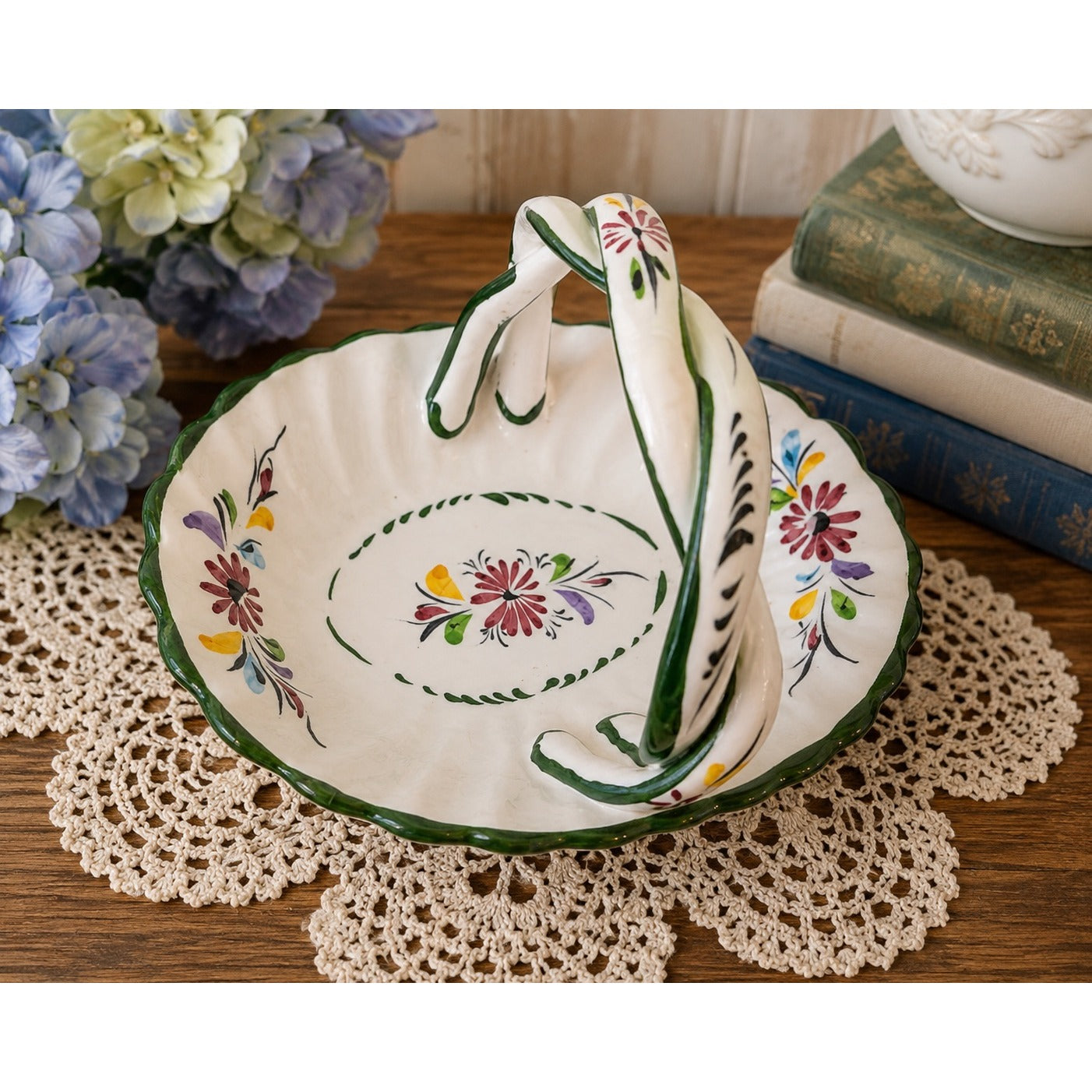 Vintage Portuguese Hand Painted Ceramic Basket Dish Floral Faience Pottery 7x5.5