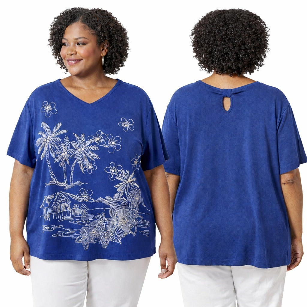 Alfred Dunner Women’s 1X Blue Embellished Tropical Short Sleeve Top