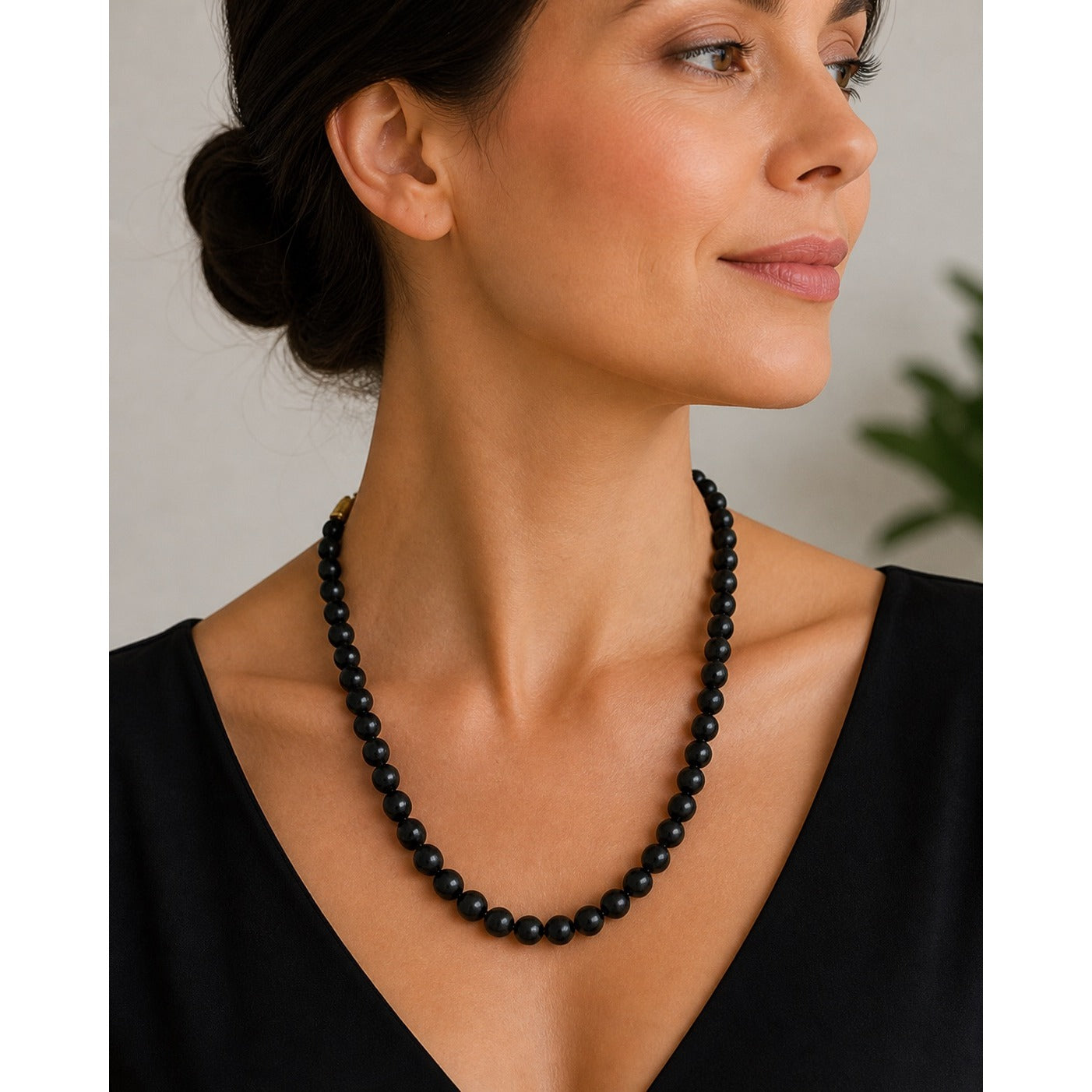 Vintage Black Stone Bead Necklace 22” Strand Matte Polished Beads Gold Tone Barrel Clasp