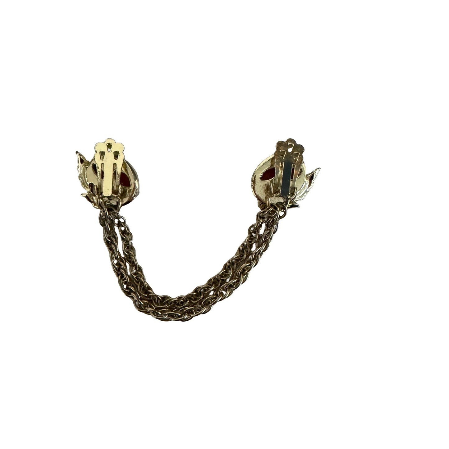 Vintage Red Cabochon Sweater Guard Double Chain Gold Tone Cardigan Clip