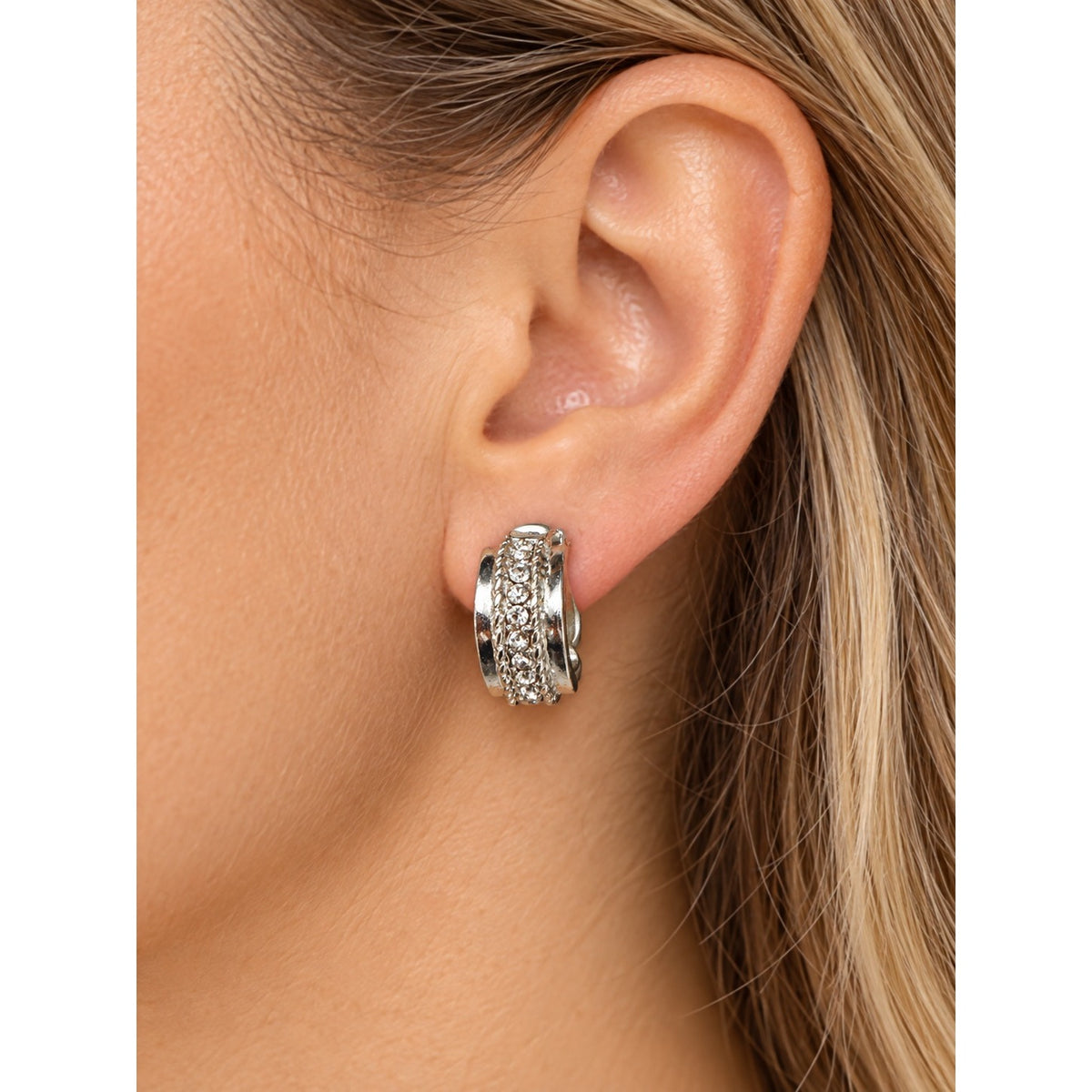 Vintage Silver Tone Rhinestone Half Hoop Clip On Earrings Padded Huggie Style