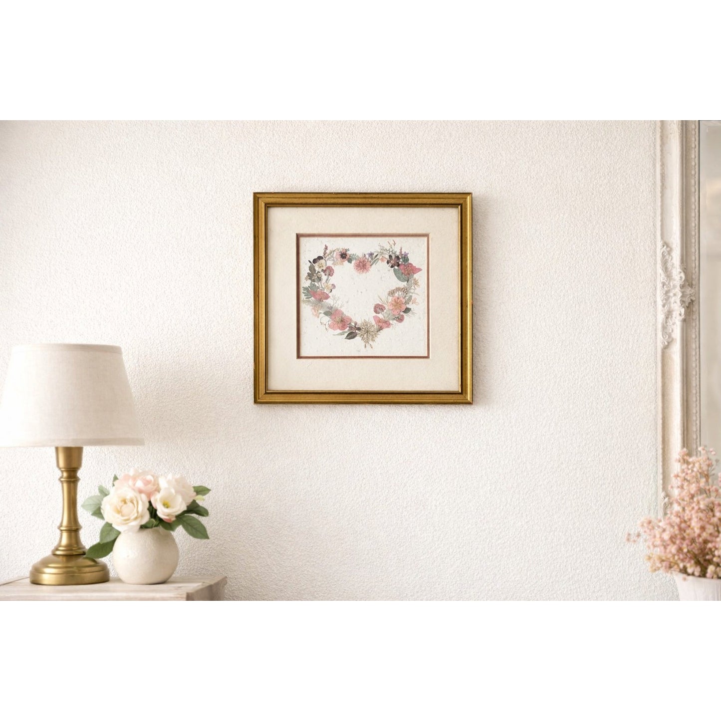 Framed Floral Heart Print Gold Tone Frame Vintage Cottage Style Wall Art
