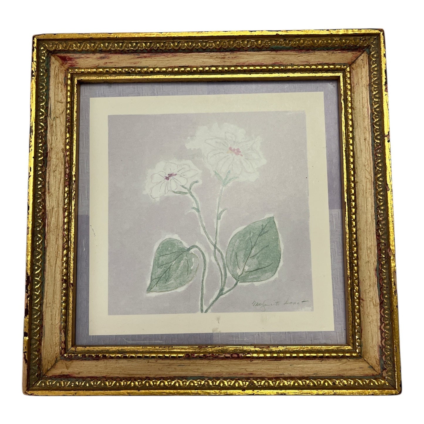 Vintage Marguerite Lanot Framed Floral Print – 7” Gold Ornate Frame Botanical Wall Art