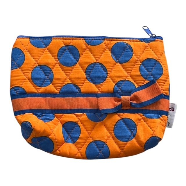 Vintage-Inspired Belvah Quilted Cosmetic Bag – Orange & Blue Polka Dots, Early 2010s, Bow Detail