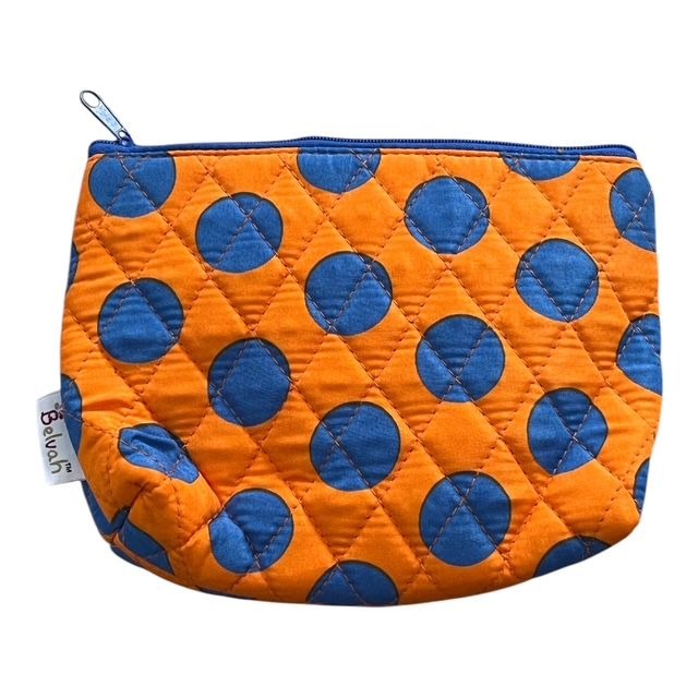 Vintage-Inspired Belvah Quilted Cosmetic Bag – Orange & Blue Polka Dots, Early 2010s, Bow Detail