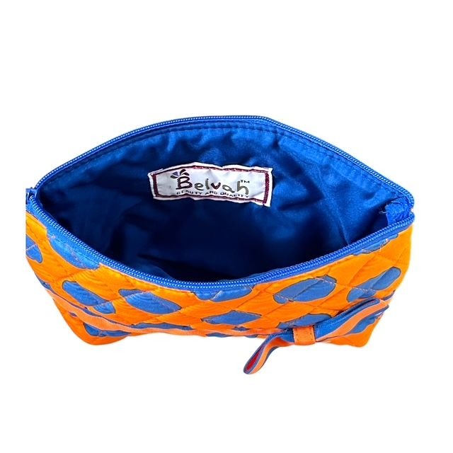 Vintage-Inspired Belvah Quilted Cosmetic Bag – Orange & Blue Polka Dots, Early 2010s, Bow Detail