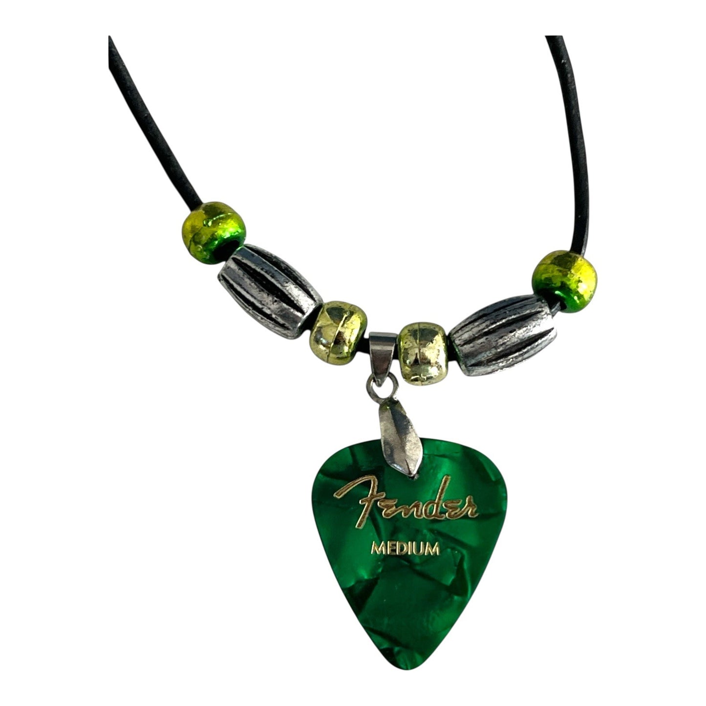 Handmade Fender Guitar Pick Necklace – Green Medium Pick with Beads on Black Cord – 15”