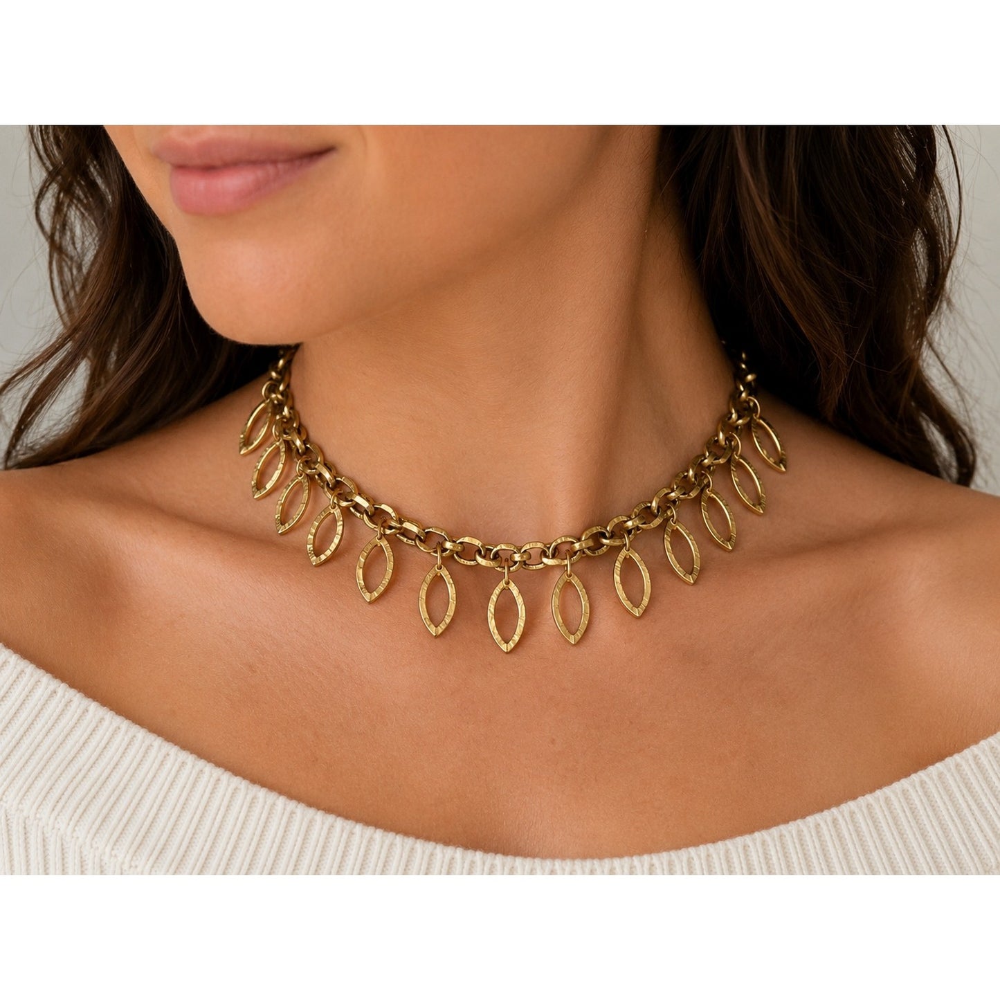 Vintage Gold Tone Leaf Dangle Statement Necklace 14 Inch Botanical Link Necklace