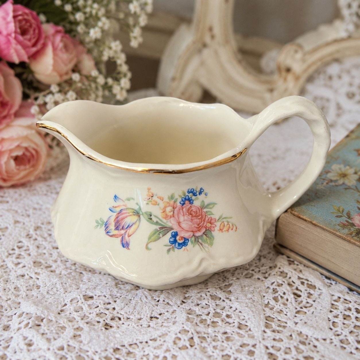 Vintage Cunningham & Pickett Floral Creamer Pitcher 22KT Gold Trim Made In Japan