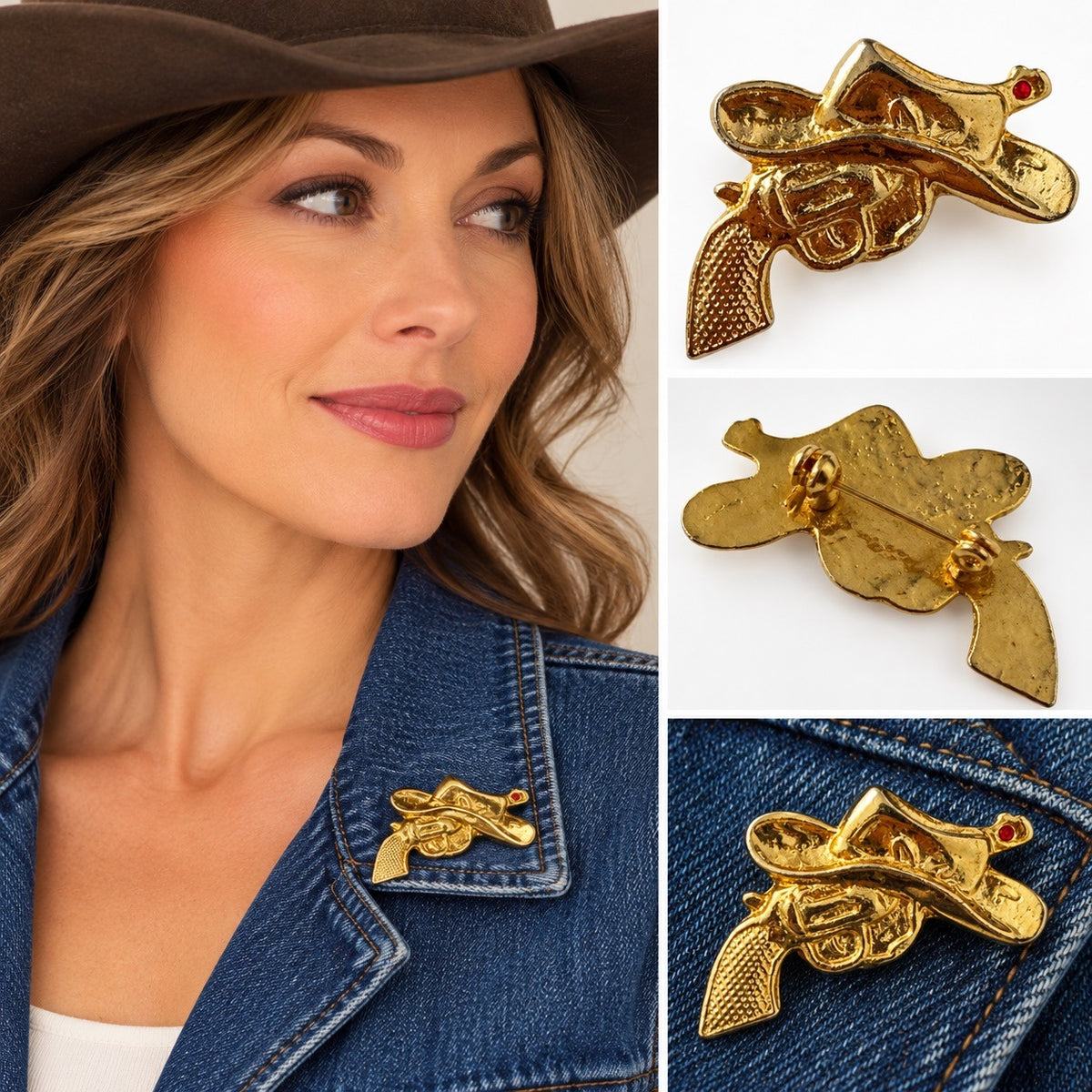 Vintage Gold Tone Cowboy Hat Revolver Gun Brooch Pin Western Rodeo Jewelry