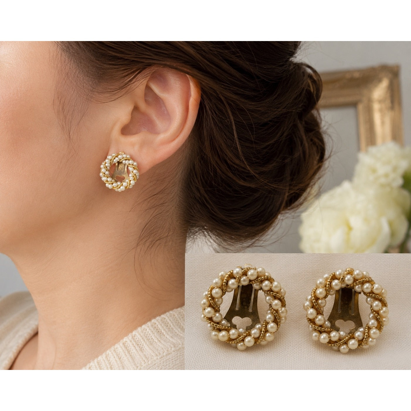 Vintage Faux Pearl Gold Tone Wreath Clip On Earrings Twisted Rope Round Retro