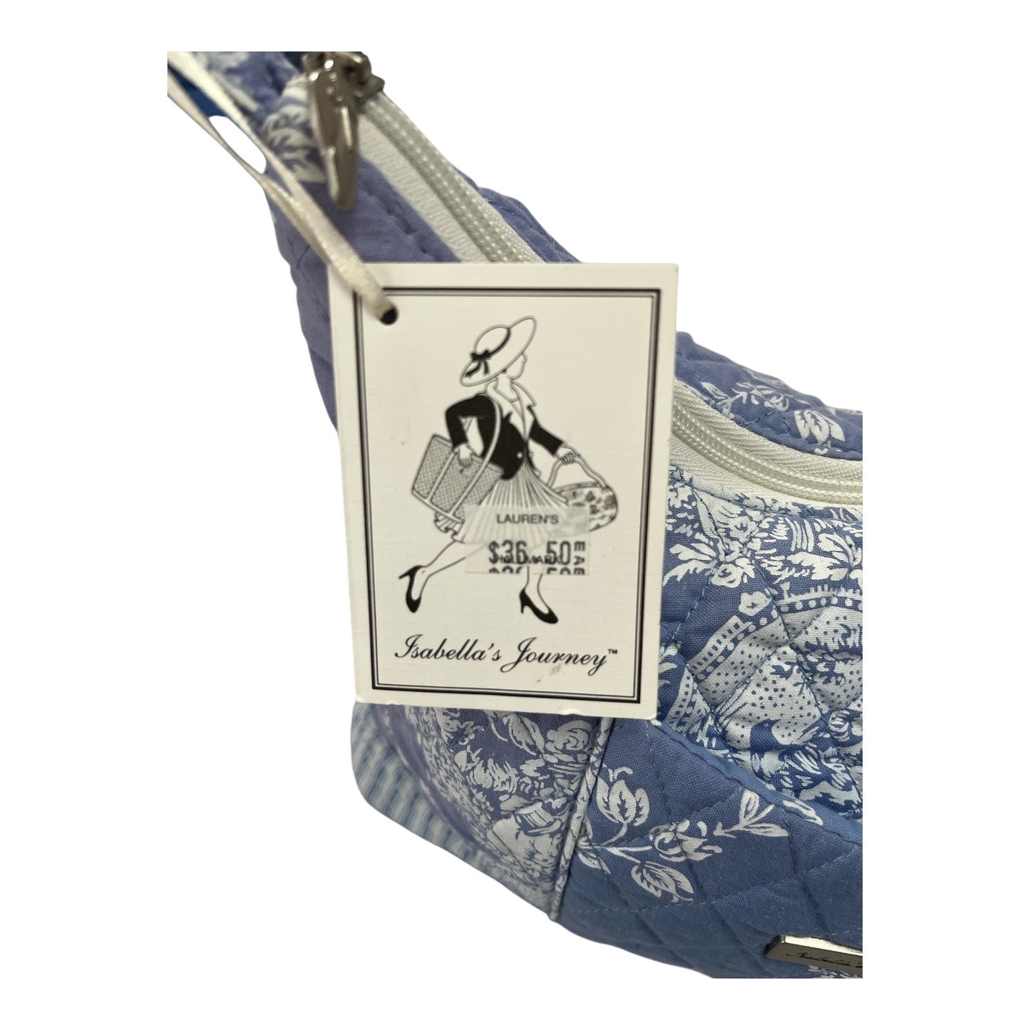 Vtg NWT Isabella’s Journey Quilted Shoulder Bag – Blue Toile Floral Print, 8x12x4, 9” Drop