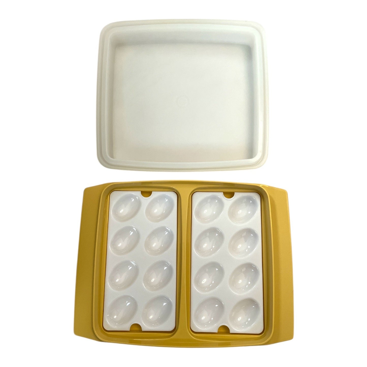 Vtg Tupperware Deviled Egg Carrier – Mustard Yellow 3-Pc Set – 2 Trays + Lid – 12x10x3 – 70s/80s