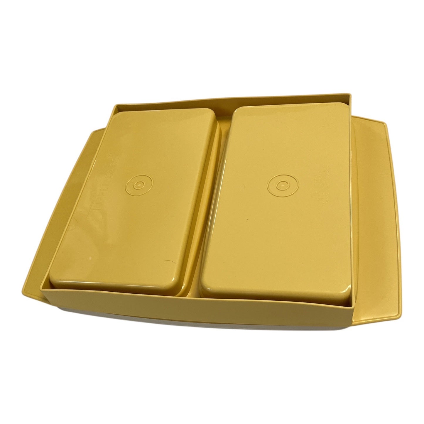 Vtg Tupperware Deviled Egg Carrier – Mustard Yellow 3-Pc Set – 2 Trays + Lid – 12x10x3 – 70s/80s