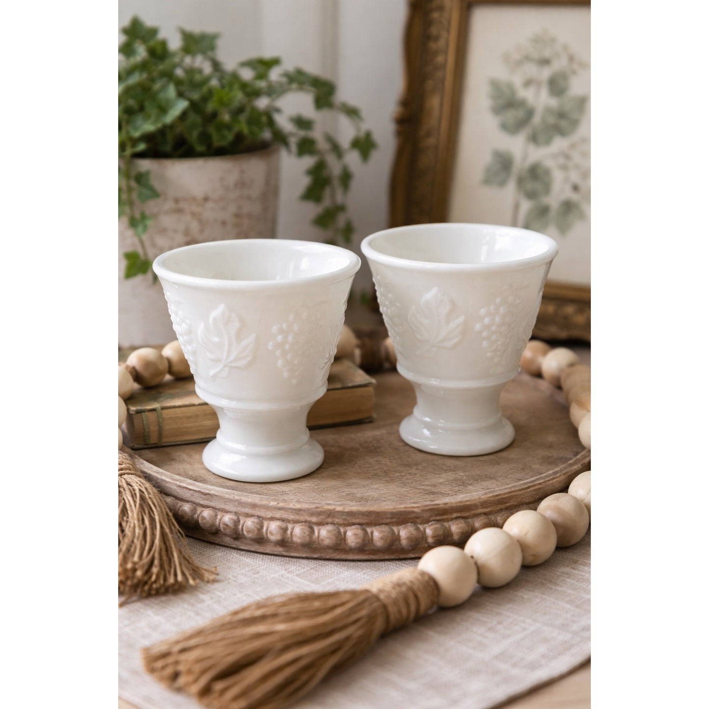 Vintage Milk Glass Pedestal Cups Pair KELN Industries 1965 Grape Leaf Design