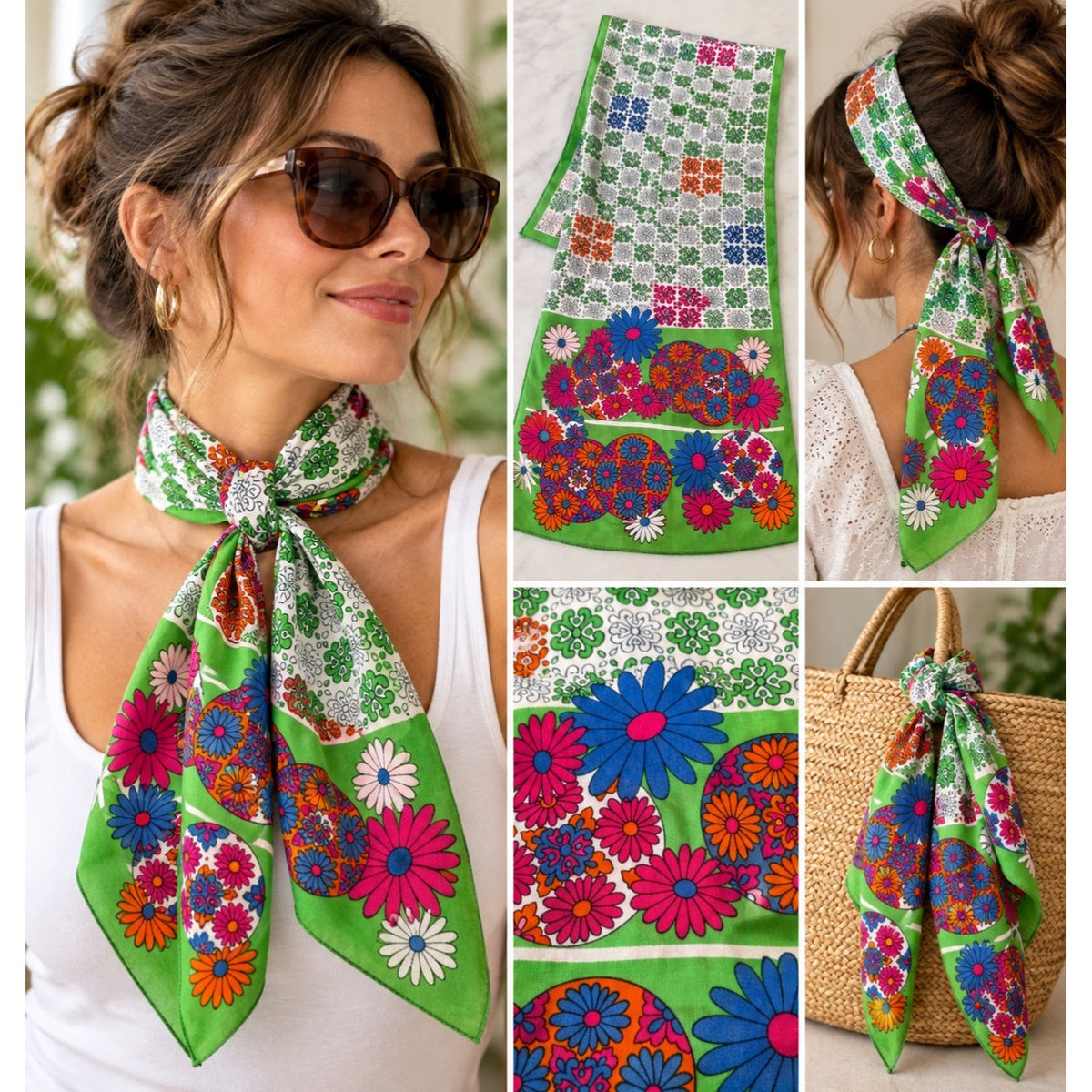 Vintage 1960s 70s Italian Cotton Psychedelic Daisy Flower Power Scarf 12x56