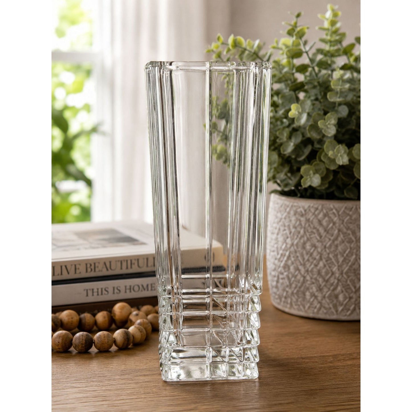 Vintage Italian Clear Glass Geometric Ribbed Vase 9 Inch Mid Century Modern