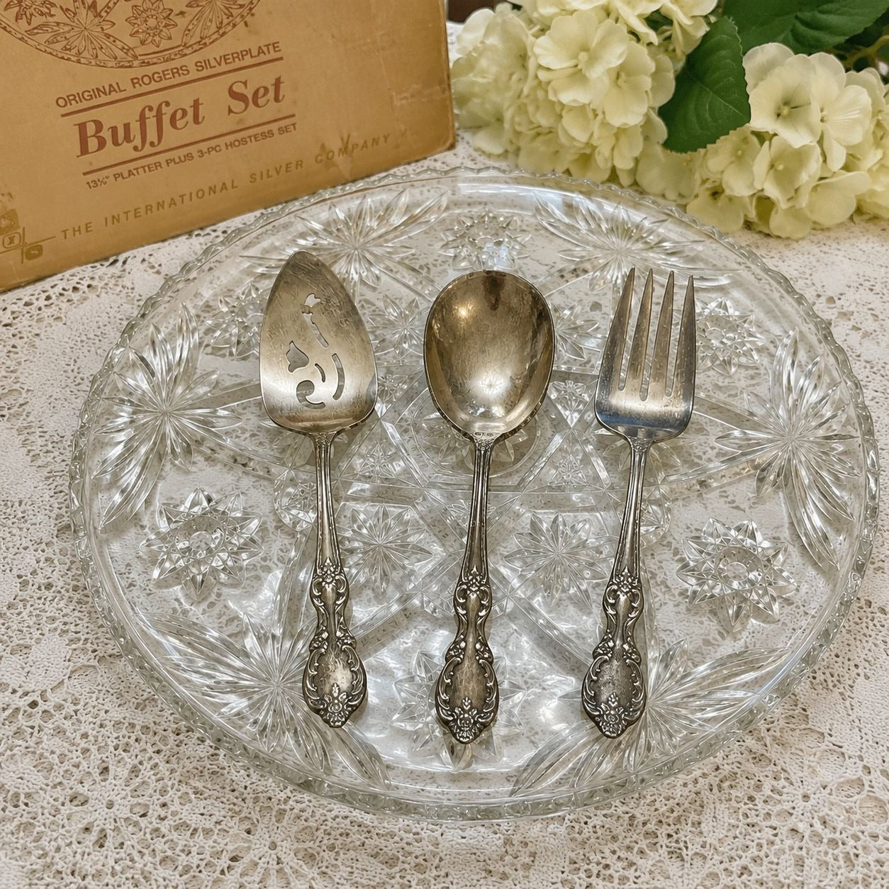 Original Rogers Silverplate Hostess Buffet Set 13.5" Pressed Glass Platter Serving Utensils