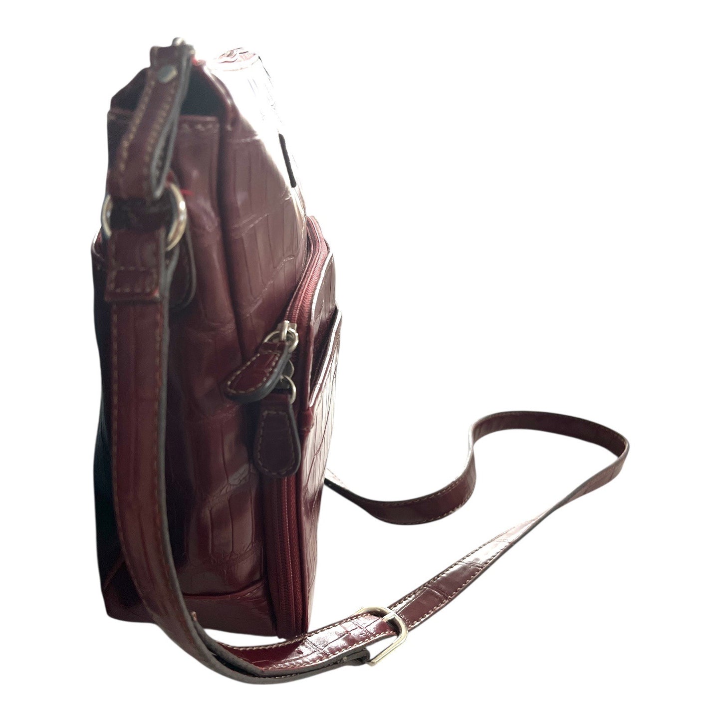 Relic Burgundy Faux Leather Crossbody Bag with Croc Embossed Pattern