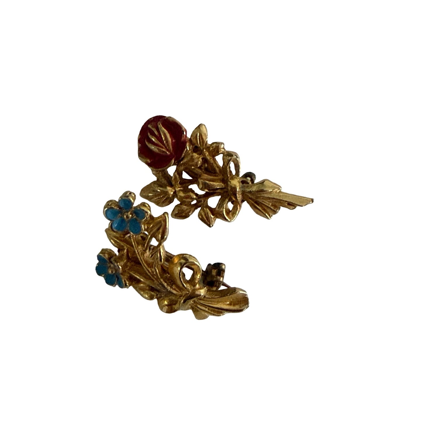 Vintage Enamel Floral Brooch Pin Pair Blue Forget Me Not Red Rose Gold Tone