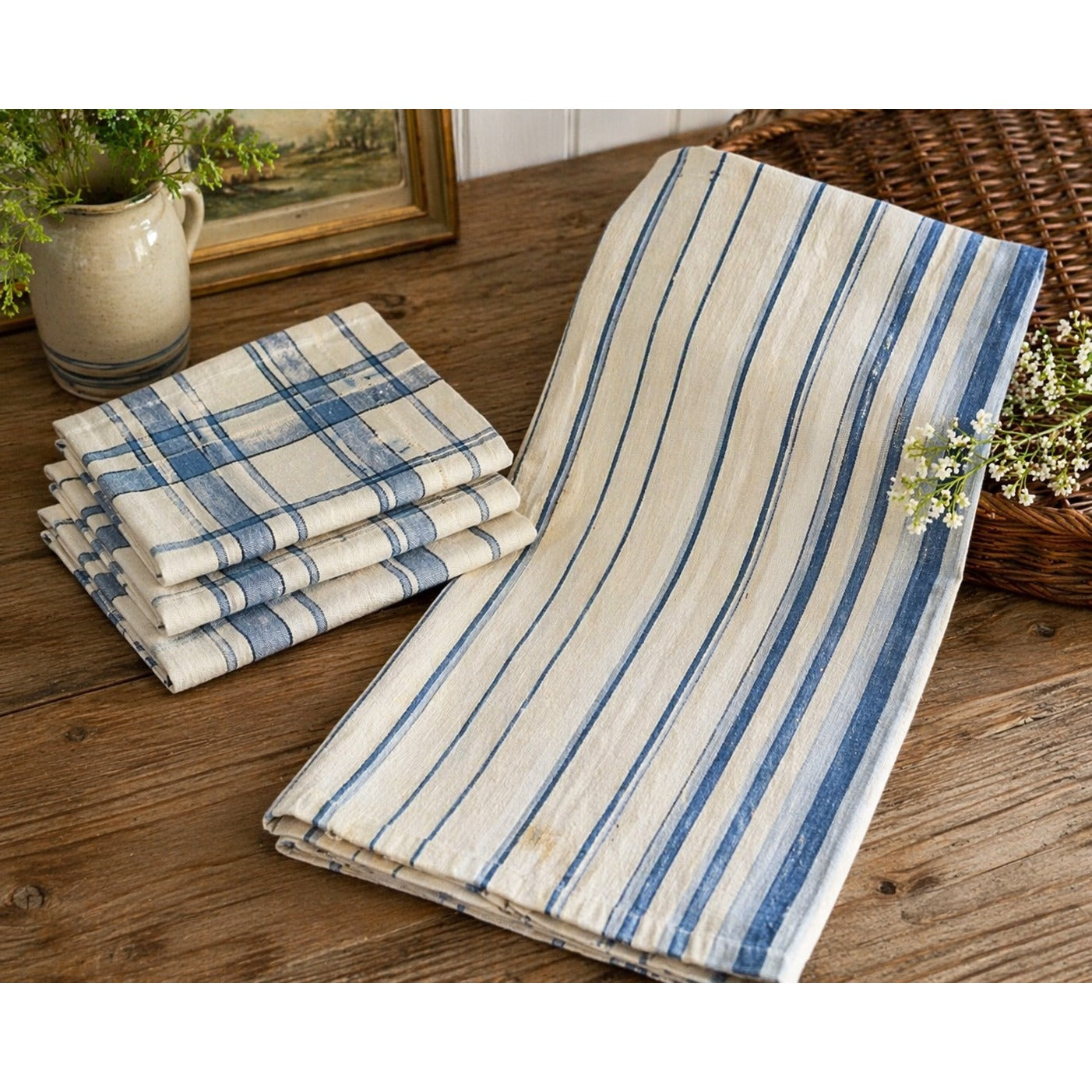 Unbranded Vintage Blue Stripe Table Linens Set 4 Napkins Towel Cotton Farmhouse Cottage