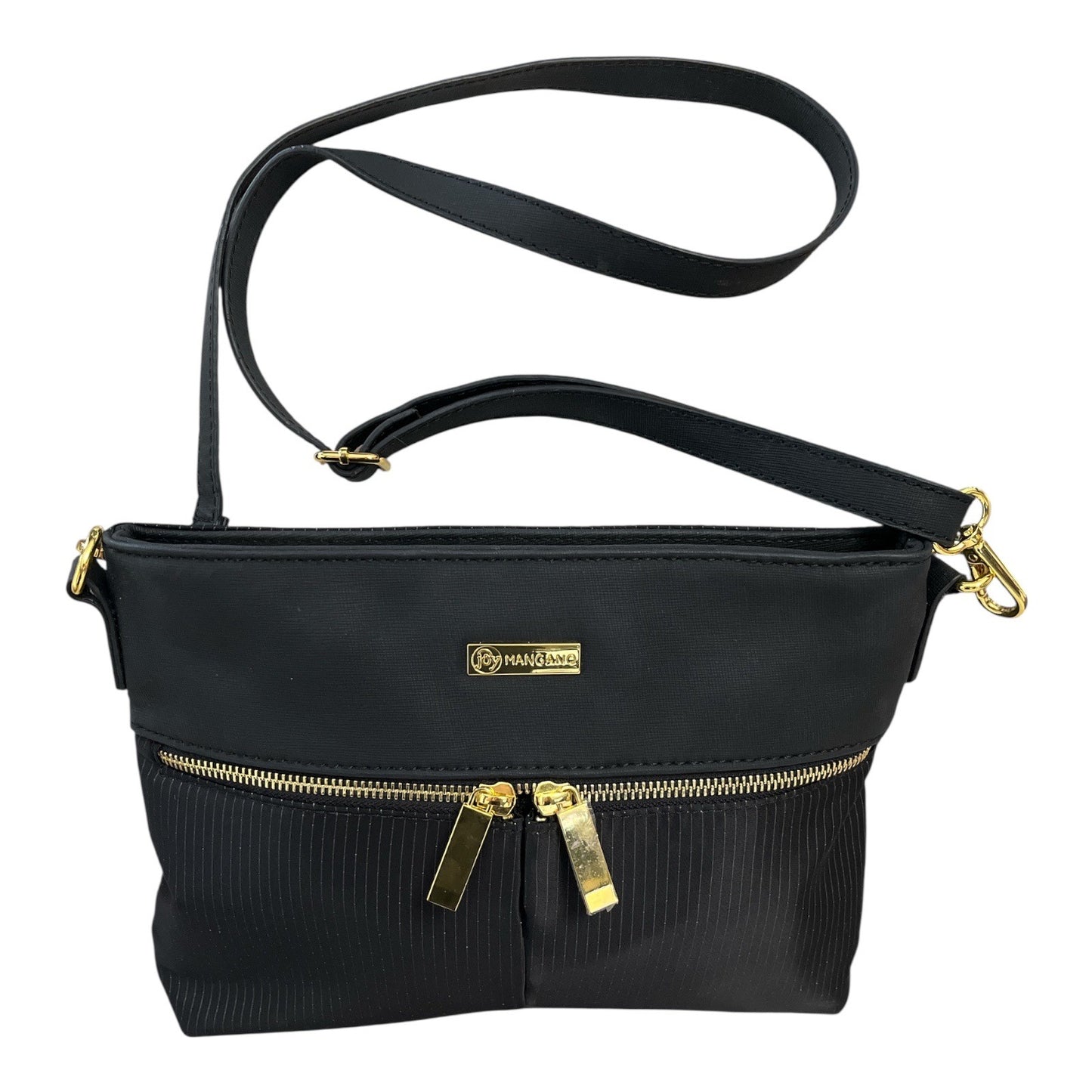 Joy Mangano Black Nylon Crossbody Bag – Gold Hardware, Pinstripe Texture, 9x11 – Unused with Protective Plastic on Zipper Pulls