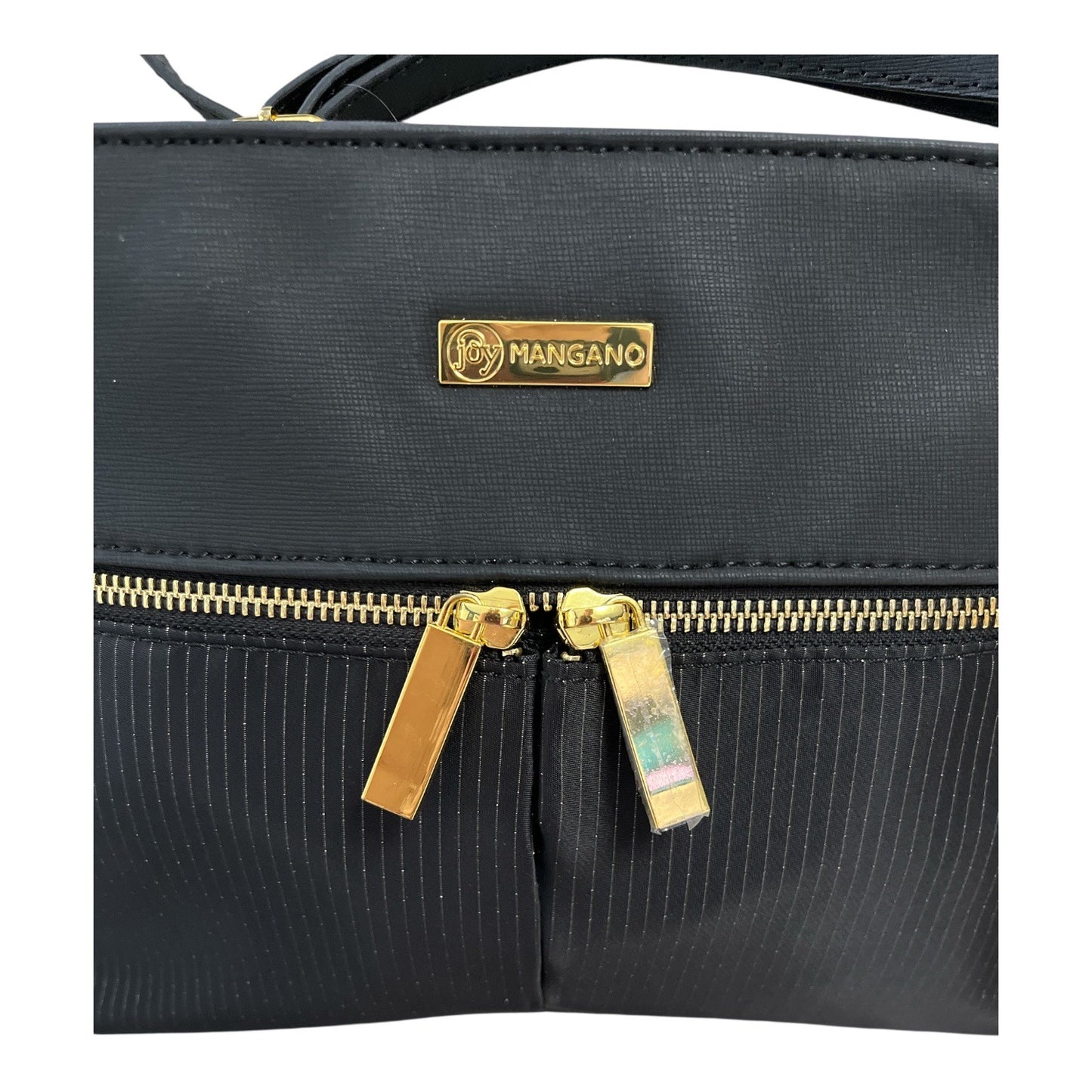 Joy Mangano Black Nylon Crossbody Bag – Gold Hardware, Pinstripe Texture, 9x11 – Unused with Protective Plastic on Zipper Pulls