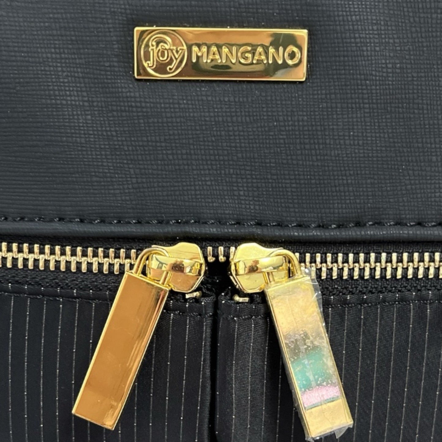Joy Mangano Black Nylon Crossbody Bag – Gold Hardware, Pinstripe Texture, 9x11 – Unused with Protective Plastic on Zipper Pulls