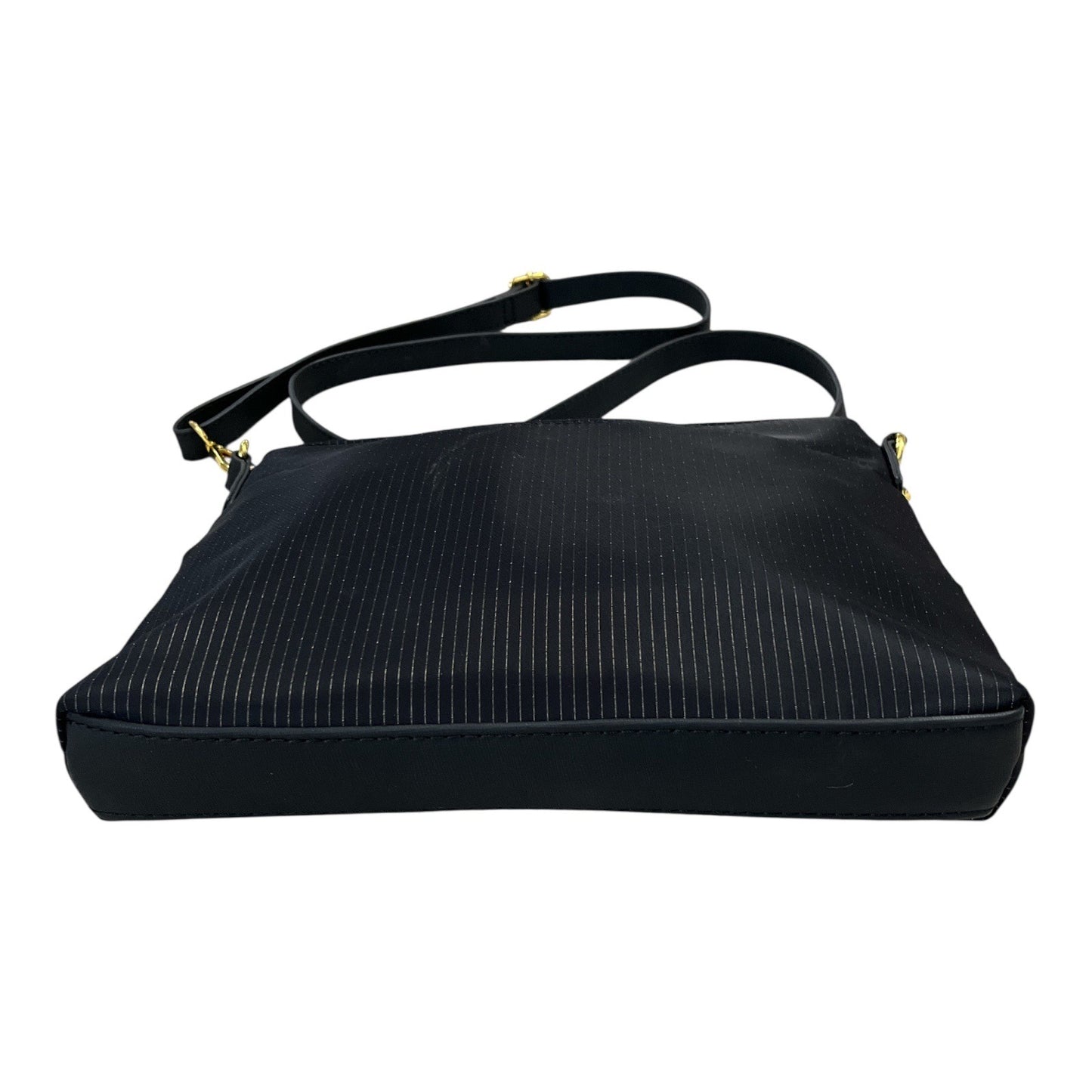 Joy Mangano Black Nylon Crossbody Bag – Gold Hardware, Pinstripe Texture, 9x11 – Unused with Protective Plastic on Zipper Pulls