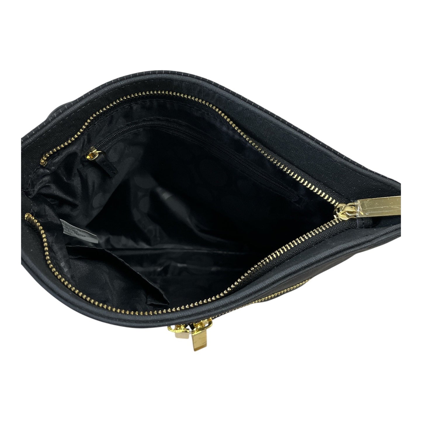 Joy Mangano Black Nylon Crossbody Bag – Gold Hardware, Pinstripe Texture, 9x11 – Unused with Protective Plastic on Zipper Pulls