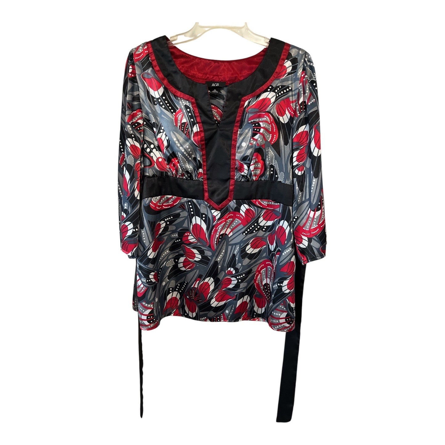 AGB Women’s XL Tunic Blouse | Red Black Gray Abstract Floral Print | Side Zip | 40x28