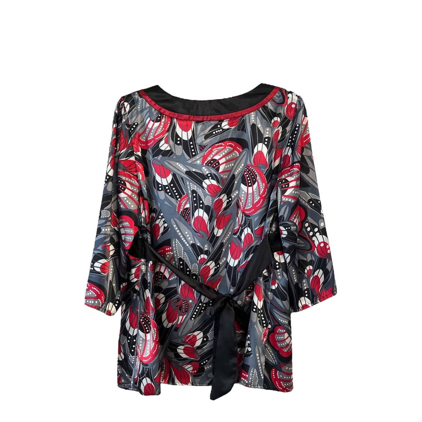 AGB Women’s XL Tunic Blouse | Red Black Gray Abstract Floral Print | Side Zip | 40x28