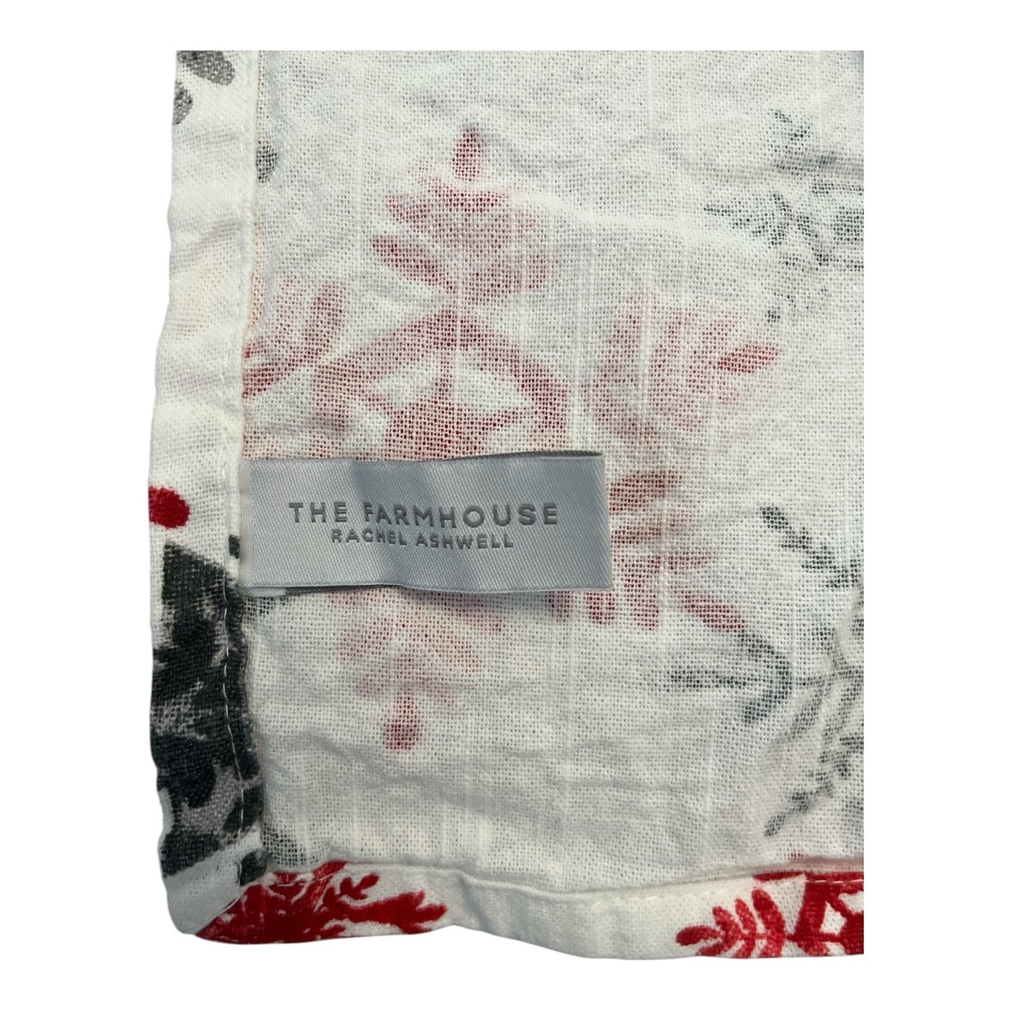 The Farmhouse by Rachel Ashwell Christmas Tablecloth – Red & Gray Snowflakes, 100% Cotton, 60x84" (Late 2010s–Early 2020s)