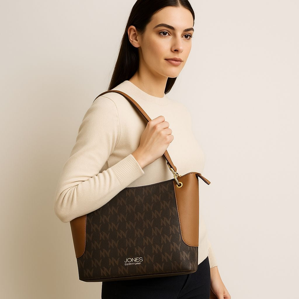 Jones New York Signature Monogram Shoulder Bag Brown Tan JNY Logo NWT