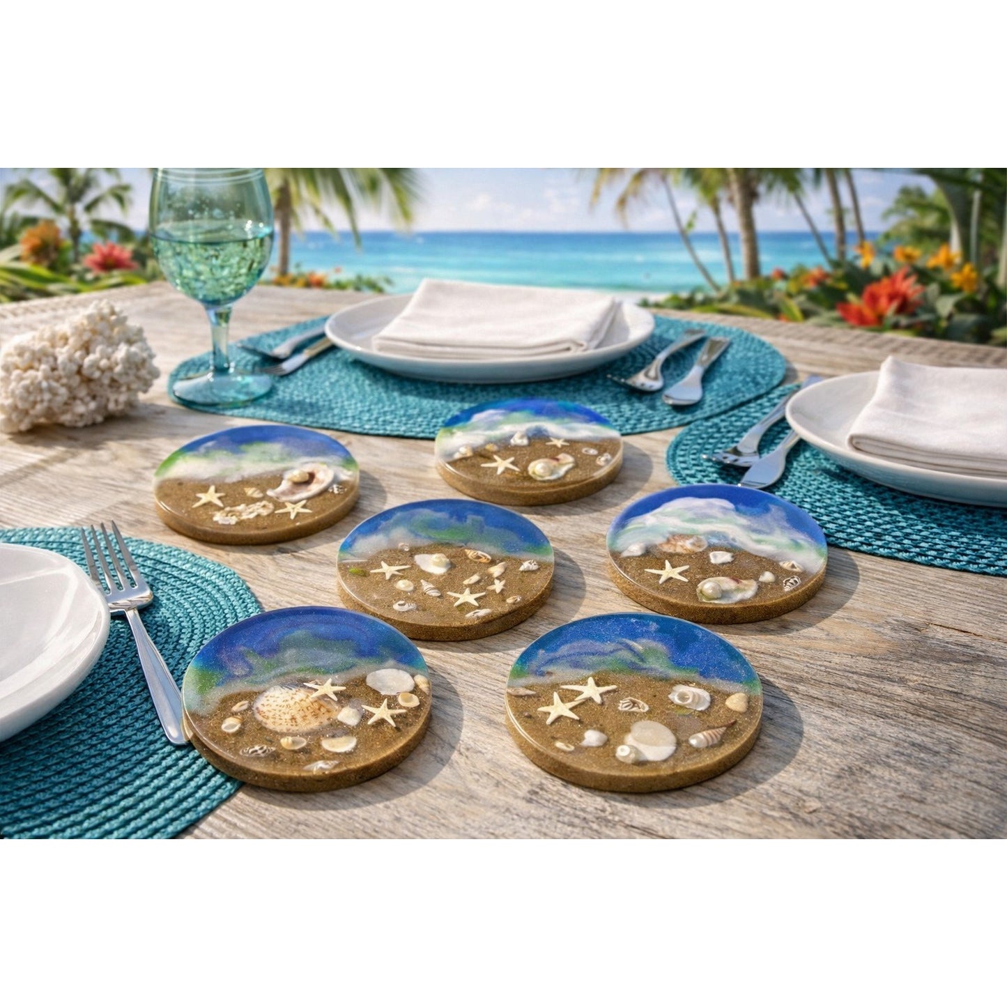 Handmade Coastal Resin Coaster Set Beach Ocean Sand Shells 6 Piece Set